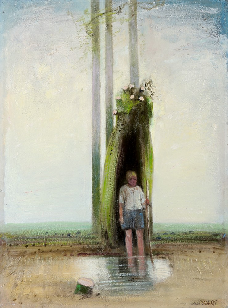 Janusz Lewandowski, „Chłopiec w drzewie”, olej na płycie, 86×118 cm, 2012,