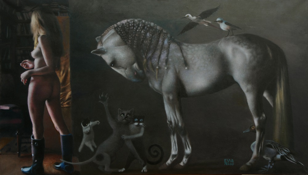 Ewa Pello, „Casting w Bibliotece”, olej na płótnie, 130×75 cm, niedostępny