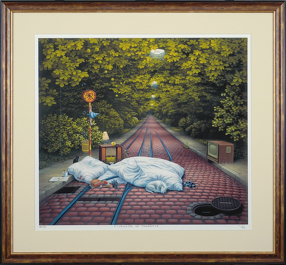 Yerka Jacek, „Czekając na tramwaj”, giclee oprawione, 60×54 cm, obraz niedostępny