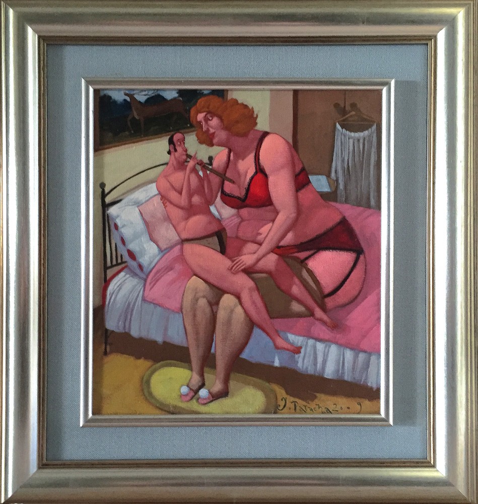 Jacek Pałucha, „Jeleń na rykowisku”, olej na płótnie, 33 x 38 cm