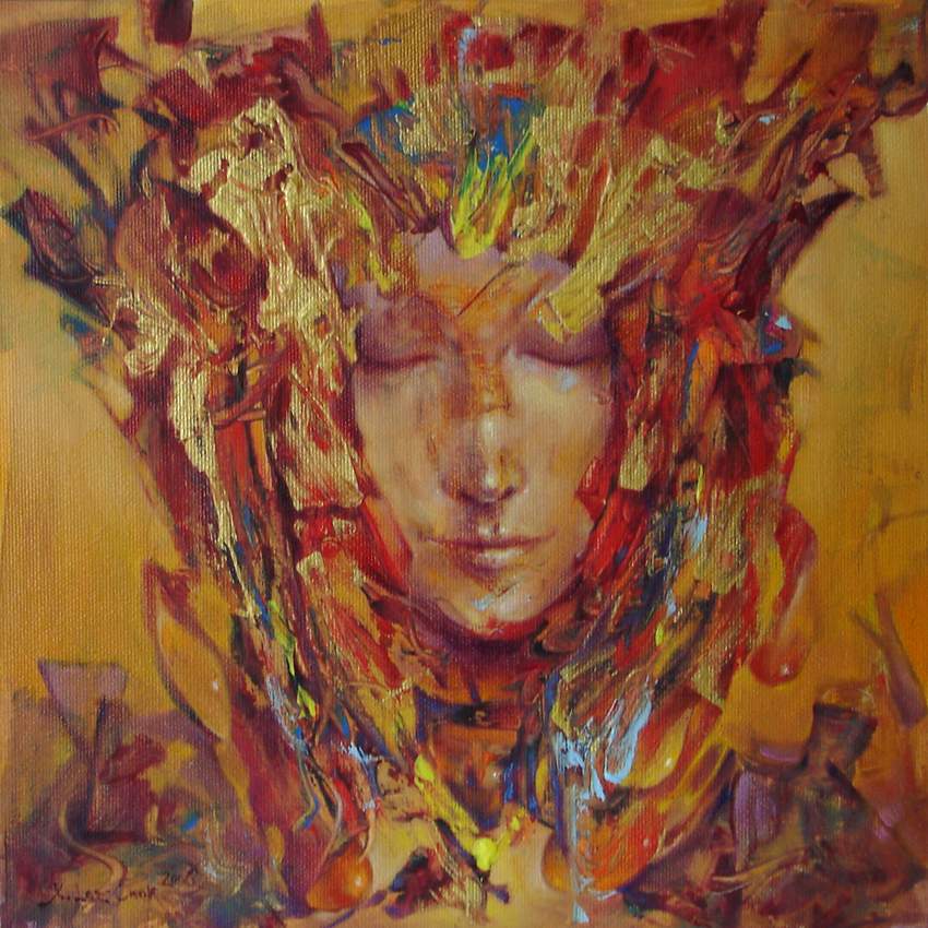 Mariusz Konczalski, „Aztecka księżniczka” 30×30 cm, olej, akryl, płótno